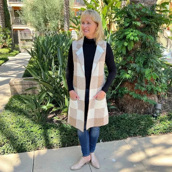 Love Tree Open Front Plaid Long Cardigan Vest Heather Khaki Brown With Pockets - Picture 2 of 10